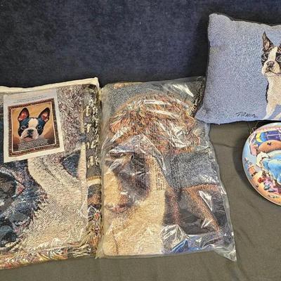 Boston Terrier Theme Throw Blankets (2), Pillow (1) & Decorative Plate (1)