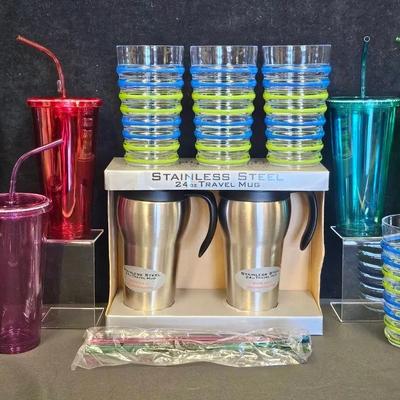 Travel Mugs (3) & Plastic Cups (8)