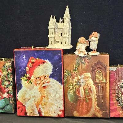 Chistmas 4-PC Nesting Gift Box Set (1), Ceramic Light Up Church (1) + Angel Figurines (2)