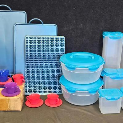 Lock & Lock Tupperware (8), Silicone Baking Boards (4) & Silicone Teacup Cupcake Holders (12)