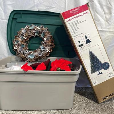Tote Of Xmas Items (1) + 6’ Pre-Lit Xmas Tree (1)