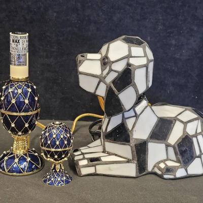 Faberge Style Table Lamp (1) W/Matching Trinket Box (1) + Tiffany Style Dalmatian Table Lamp (1)