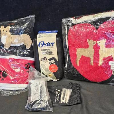 Knitted Dog Theme Throw & Matching Pillor Set (1), Oster Clipper Set (1) & Gleener Fuzz Remover (1)