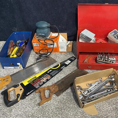 Toolbox W/Tools (1) & Electric Sander (1) Bins Of Hands Tools (2) + Hand Saws (3)