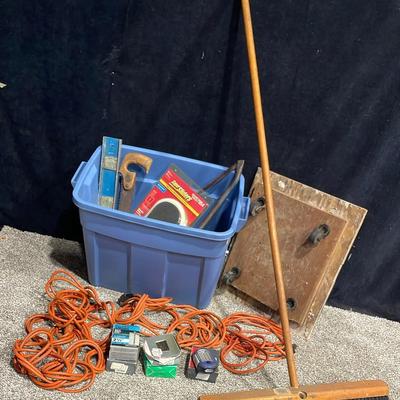 Wooden Floor Dolly (1) Broom (1) Extention Cords (3) + Tote Of Hand Tools (1)