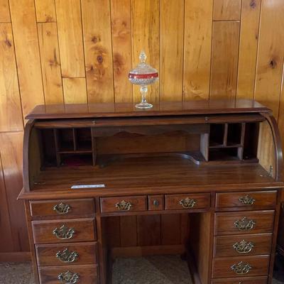 Vintage Wooden Roll-Top Desk And Vintage Candy Dish