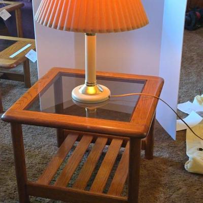 A Vintage Mersman Oak Side Table With A Smoky Glass top And Syiffel Lamp 