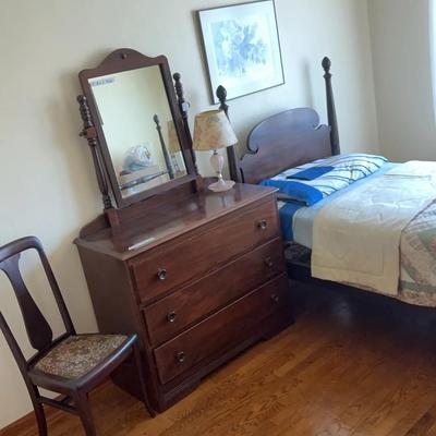Vintage Single Bed Frame And Mattress, Vintage Wooden Chest, And Wooden Chair