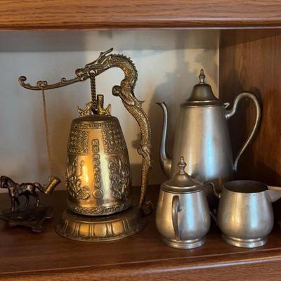 Vintage Pewter Tea Set, A 1960s Ashtray, And A Brass Chinese Dragon Gong Bell