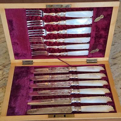 Lot #184 - Late 19th Century English Boxed Silver Plate Mother of Pearl Fruit Set