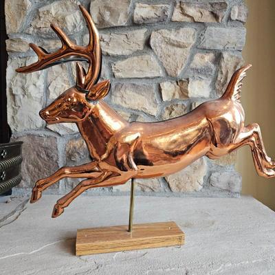 Lot #1 - Large Copper Brass & Wood Leaping Deer Statue