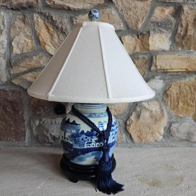 Lot #23 - Canton Ginger Jar Fledgling Table Lamp Blue & White Porcelain Chinese With Silkette Bell Shade
