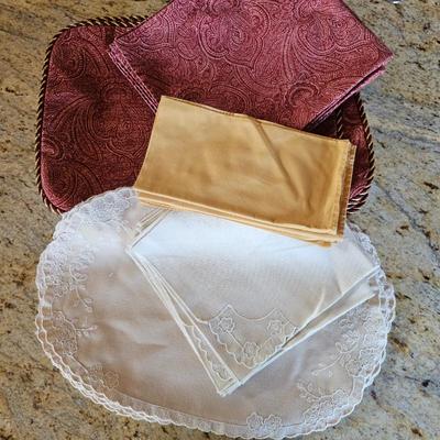 Lot #132 - Placemats & Napkins - Red Paisley, Gold, Ivory Embroidered Linen