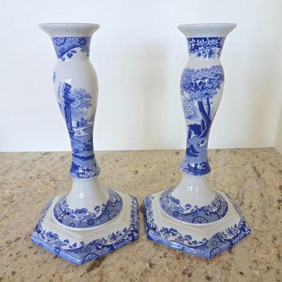 Lot #60 - Spode Blue Italian Porcelain Candlesticks.
