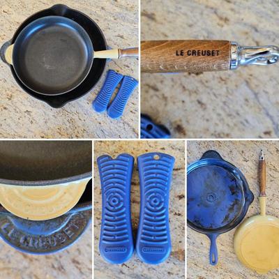 Lot #165 - Vintage Le Creuset Skillets: Blue #30 12" Double Spout & Yellow #24 9.5" Wood Handle, France