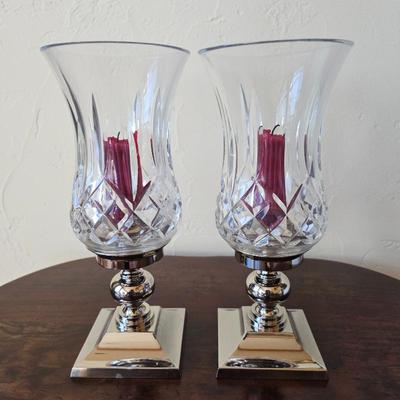 Lot #115 - Mid Century 1950s Waterford Crystal Lismore Candlesticks Hurricane Lamps.