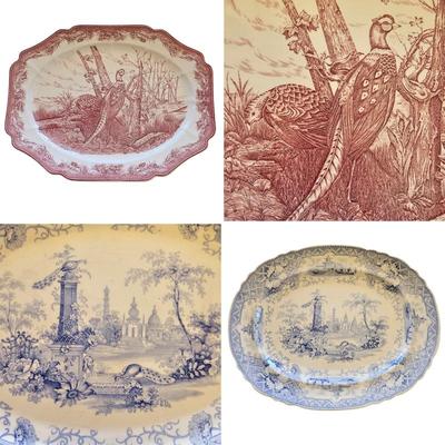 Lot #142 - Antique 1850s Blue Transfer Print Platter & 2001 Wedgwood Williams-Sonoma "Royal Game" Red Transferware Platter