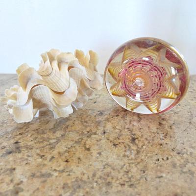 Lot #69 - Complete Ruffle Clam Shell, Plus Decorative Art Glass Paperweight