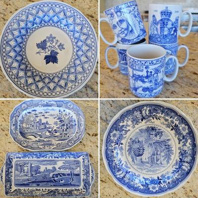 Lot #164 - Lot of Vintage English Spode China: mugs, plates, platter, bowl, utensil holder.