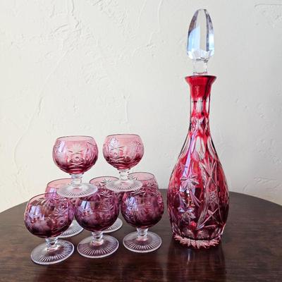 Lot #113 - Nachtmann Bavarian Ruby Cut-to-Clear Crystal Decanter & Brandy Snifters