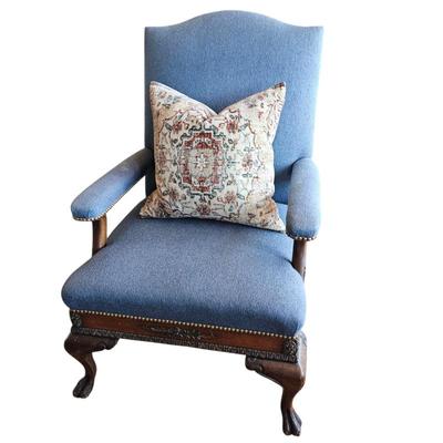 Lot #79 - Antique Queen Anne Style Armchair With Pottery Barn Tapestry Rug Print Throw Pillow Down