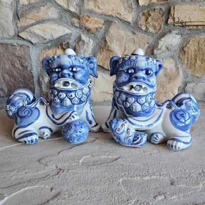 Lot #88 - Stunning Pair of Large Vintage Blue and White Chinese Foo Dogs, Mid Century, Guardian Lions, Temple Dogs, Chinoiserie