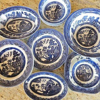 Lot #131 - Johnson Bros Blue Willow Dinnerware Serving Bowls & Plates