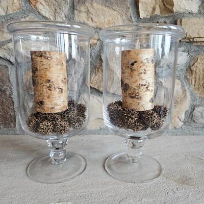 Lot #4 - Large Polish Crystal Pedestal Vases Hurricane Candle Holders With Birch-Look Faux Candles and Decorative Fill 