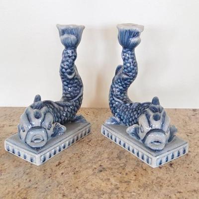 Lot #33 - Blue & White Porcelain Koi Fish Candlestick Holders