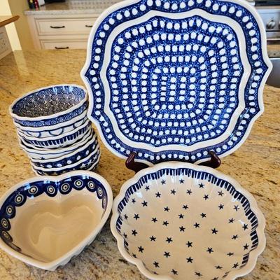 Lot #155 - Polish Pottery Ceramika Artystyczna Collection: Tiny Bowls, Scalloped Bowl, Heart Bowl, Plate.