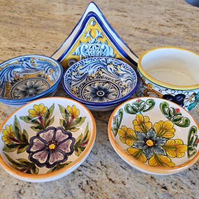 Lot #174 - Handmade Italian & Spanish Pottery Lot: small bowls, napkin holder, dish.