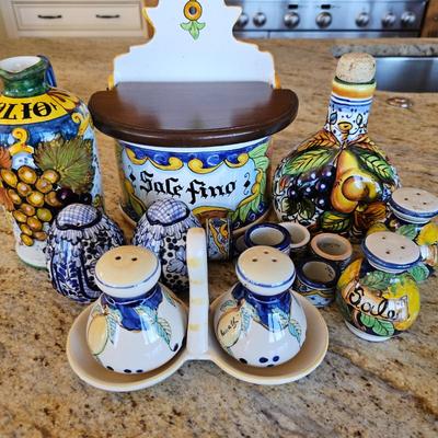 Lot #175 - Lot of Italian and Mexican Hand-Painted Pottery Salt & Pepper Sets, Oil Vessels, Salt Cellar