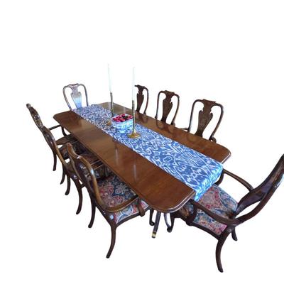 Lot #100 - Antique Duncan Phyfe Style Dining Table With Table Runner, Plus 8 Antique Hand Painted Mahogany Chinoiserie Chairs
