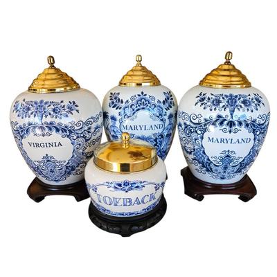 Lot #150 - Pair of Royal Delft Maryland Tobacco Jars With Brass Lids, One Virginia Tobacco Jar & Toeback Tobacco Jar