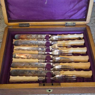 Lot #186 - Antique 19th Century Silver Plated Knives & Forks Set With Bone Handles and Fitted Original Box