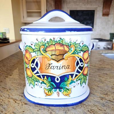 Lot #191 - Italian Flour Jar With Lid. Hand-painted Kitchen Canister for Flour.