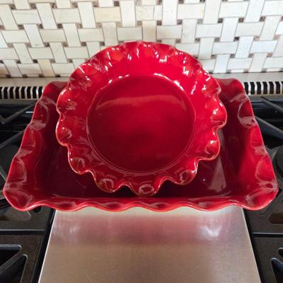 Lot #145 - Emile Henry France Burgundy Ruffled Pie Dish & Ruffled Baker