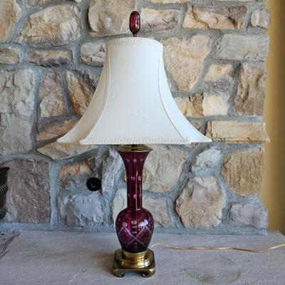 Lot #76 - Antique Cranberry Etched Glass Table Lamp With Brass Accents