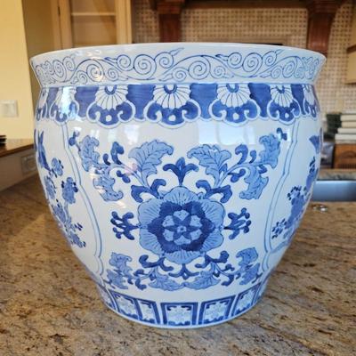 Lot #212 - Blue and White Chinoiserie Porcelain Fishbowl Jardinière Planter