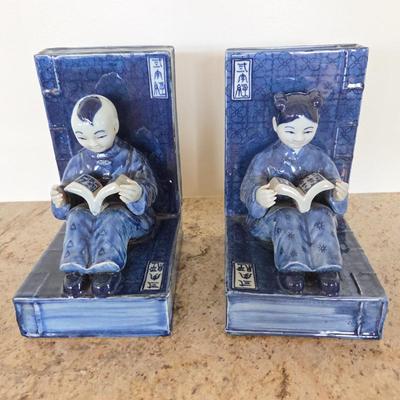Lot #43 - Chinese Blue and White Porcelain Bookends Boy and Girl Reading.