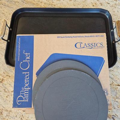 Lot #214 - All-Clad HA1 Hard Anodized Nonstick Double Burner Griddle and Pampered Chef Rectangle Baking Stone
