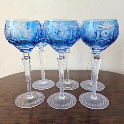 Lot #114 - Set of Six Nachtmann Bavarian Blue Cut-to-Clear Crystal Goblets