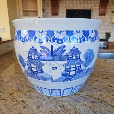 Lot #208 - Blue and White Chinoiserie Porcelain Fishbowl Jardinière Planter