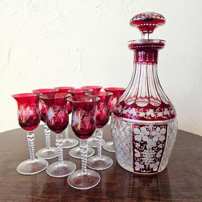 Lot #112 - Antique Bohemian Ruby Cut-to-Clear Crystal Decanter & Wine Glasses Grape Theme