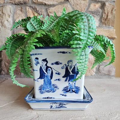 Lot #20 - Large Blue and White Porcelain Planter Pot with Matching Drip Tray Chinoiserie