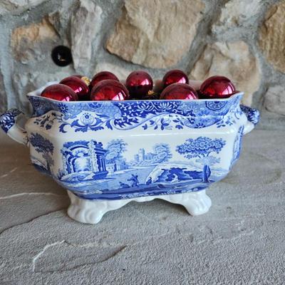 Lot #103 - Spode Blue Italian Soup Tureen With Decorative Filler and Red Baubles