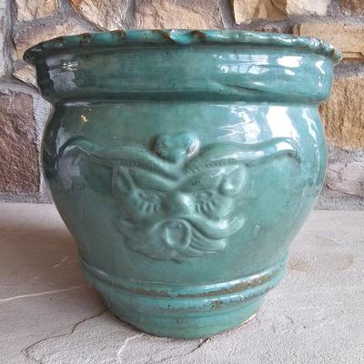 Lot #22 - Chinese Shiwan Pottery Planter Jardiniere Green Glaze Dragon Motif