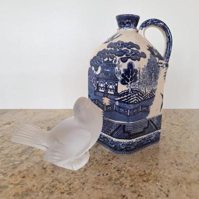 Lot #41 - Lalique Frosted Crystal Sparrow Bird Figurine, Plus Chinoiserie Blue & White Jug