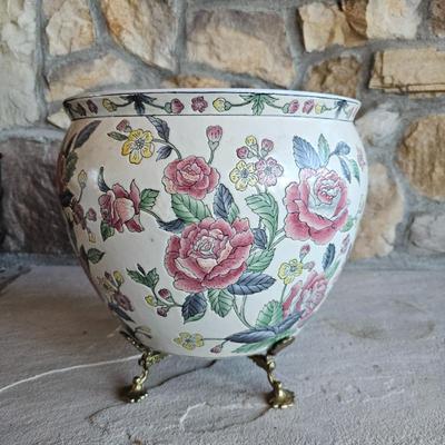 Lot #99 - Chinese Porcelain Fishbowl Planter Jardiniere With Adjustable Brass Stand