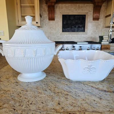 Lot #215 - Lenox Butler's Pantry Soup Tureen & Ladle, Plus GRACE Scalloped Fleur de Lis Serving Bowl